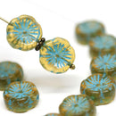 12mm Amber Yellow Pansy flower beads Czech glass Blue inlays daisy Hawaiian flower - 10pc