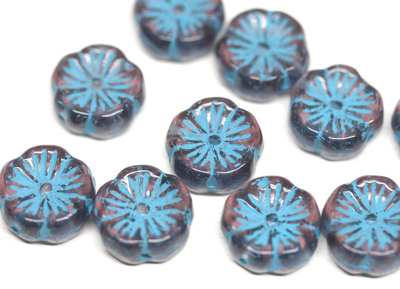 12mm Purple Pansy flower Czech glass beads, Blue inlays daisy - 10pc