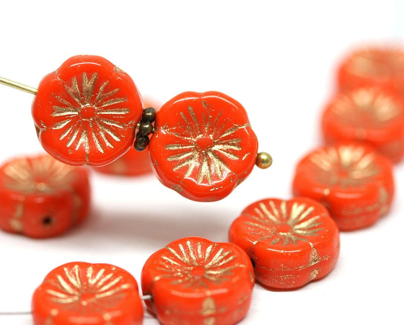 12mm Orange Pansy flower Czech glass beads Gold wash - 10pc