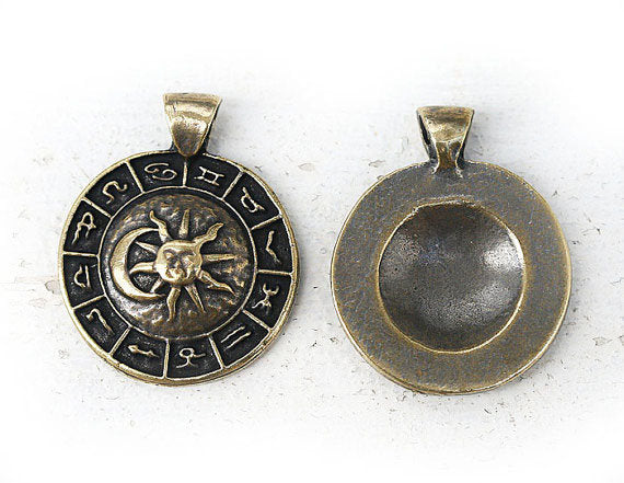 Zodiac Sun and Moon pendant bead Antique brass