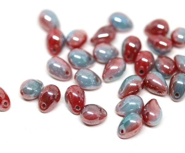 5x7mm Red blue czech glass drops Mixed color teardrop - 30pc