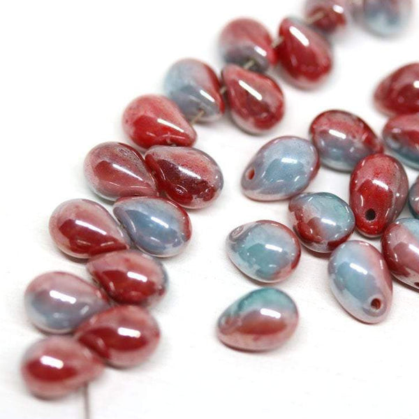 5x7mm Red blue czech glass drops Mixed color teardrop - 30pc