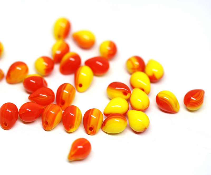 5x7mm Red Yellow czech glass drops Mixed color teardrop - 30pc