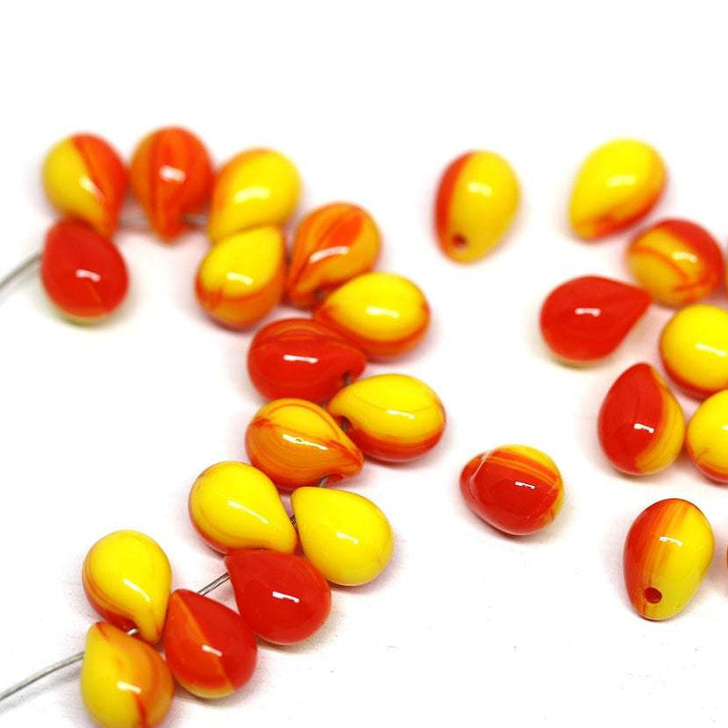 5x7mm Red Yellow czech glass drops Mixed color teardrop - 30pc