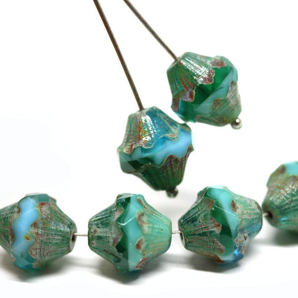 11mm Baroque czech glass Picasso bicone beads Turquoise Fire polished large rustic bicones - 4pc