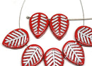 12x16mm Side drilled Red leaf beads, Silver wash czech glass beads 8pc