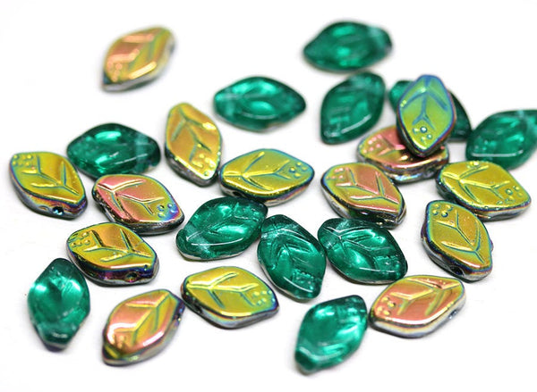 12x7mm Teal green leaves, Vitrail Czech glass beads - 25Pc