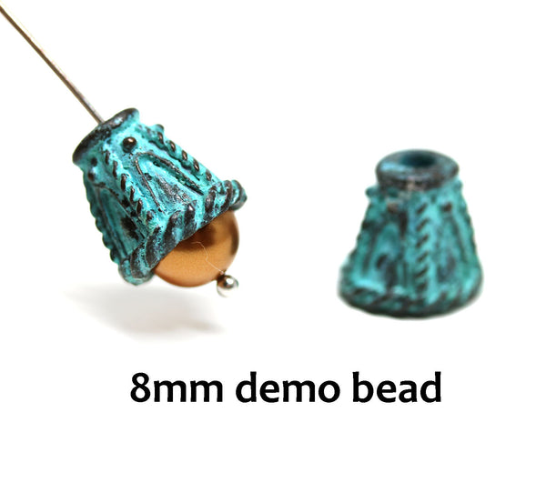 10mm Cone bead caps, Green patina Copper 2Pc
