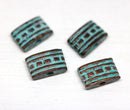 4pc Rectangle copper beads with ornament, Green patina