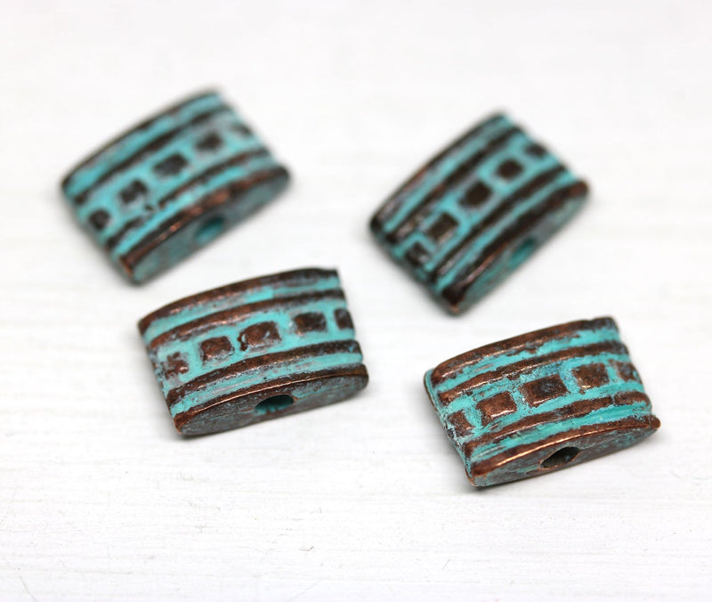 4pc Rectangle copper beads with ornament, Green patina