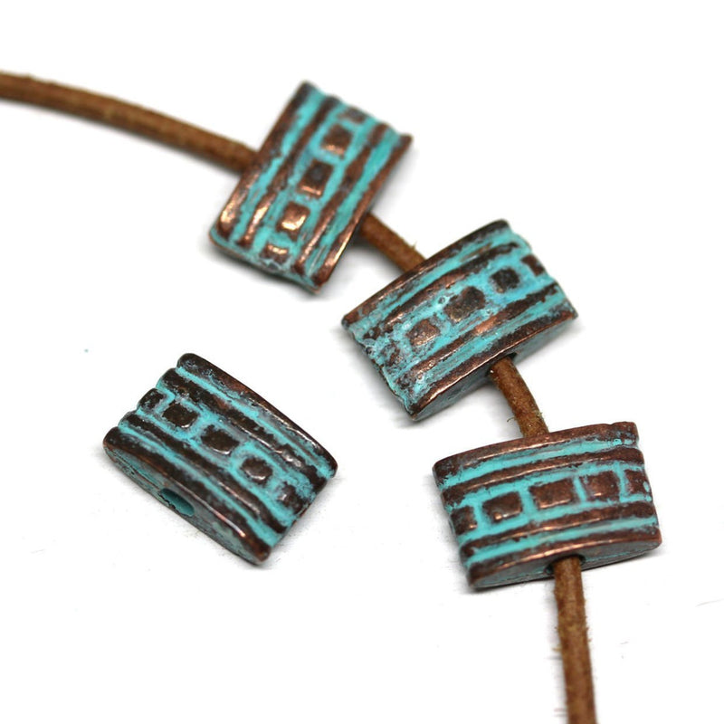 4pc Rectangle copper beads with ornament, Green patina