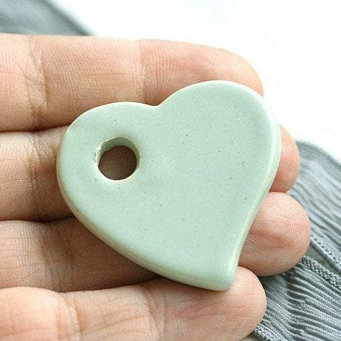 1pc Sage Green Large Heart ceramic pendant bead Enamel coating