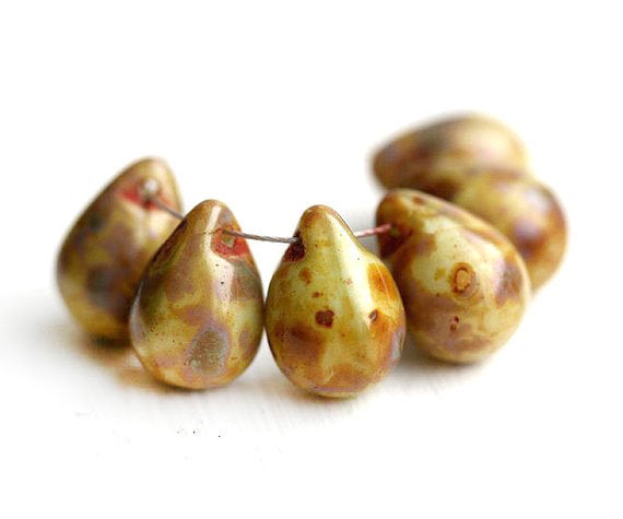 6Pc Picasso Teardrop beads briolettes, Green Brown czech glass drops - 10x14mm