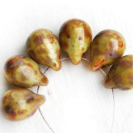 6Pc Picasso Teardrop beads briolettes, Green Brown czech glass drops - 10x14mm