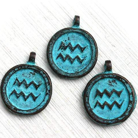 3pc Aquarius Zodiac charm, Patina on copper, Horoscope 15mm