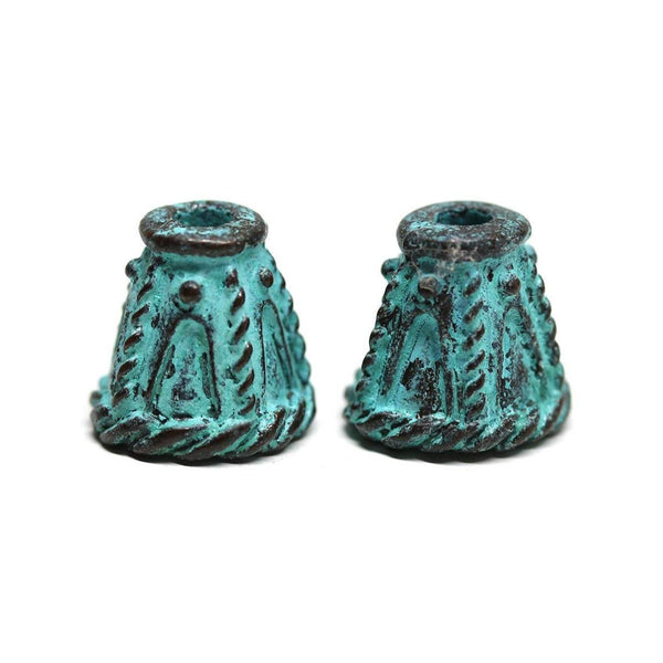 10mm Cone bead caps, Green patina Copper 2Pc