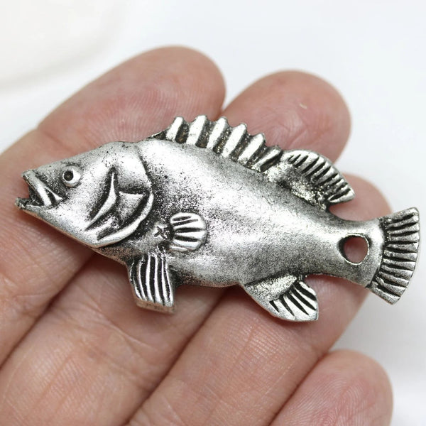 Extra large fish pendant bead, Antique Silver