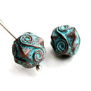 4pc Ornament Spiral Rhombus Green Patina on copper 10mm beads