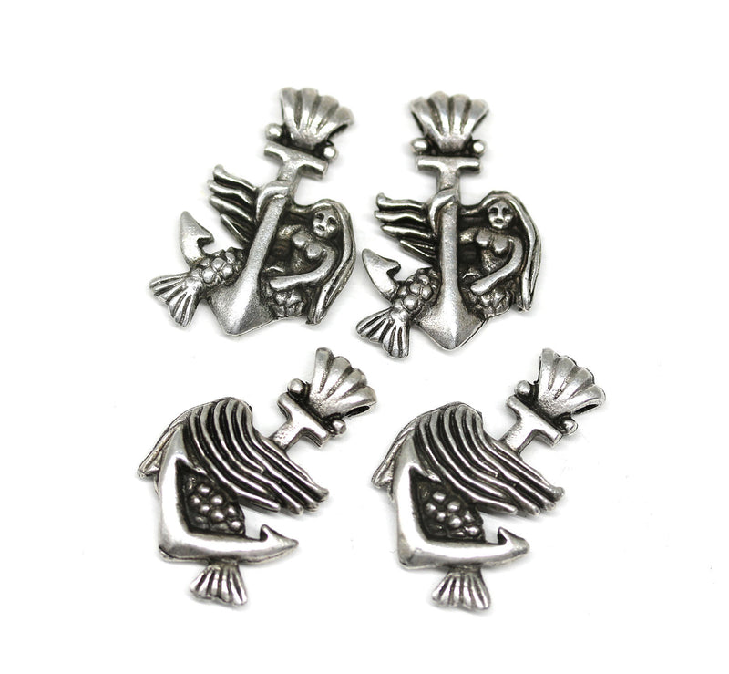 4pc Antique silver mermaid on anchor charms