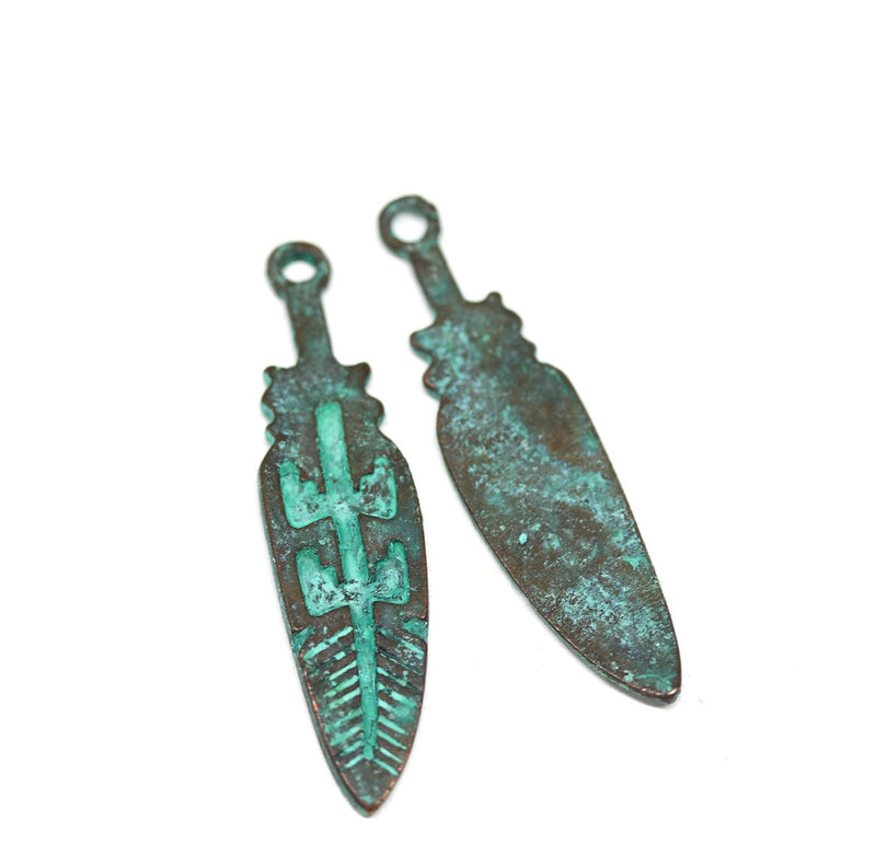 4pc Long feather charms, 38mm Green patina