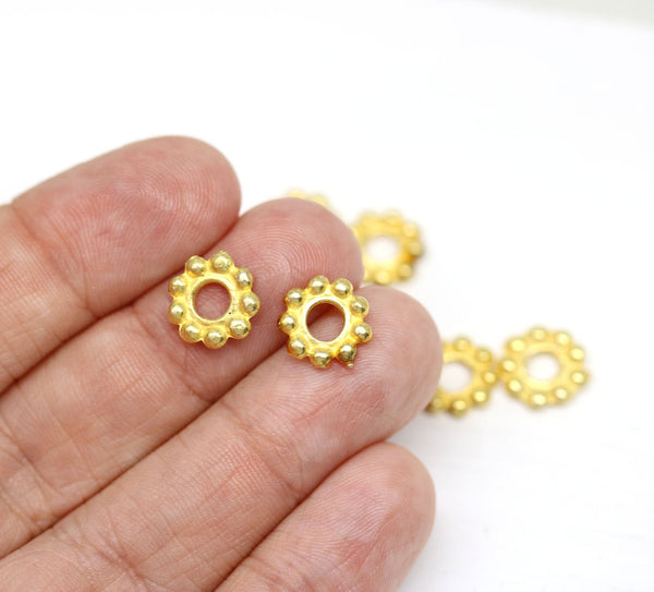 10mm Golden daisy rondelle beads, Round gold coated rondel spacers, 3mm hole, 6pc