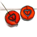 18mm Red orange Heart, Picasso czech glass heart - 2pc