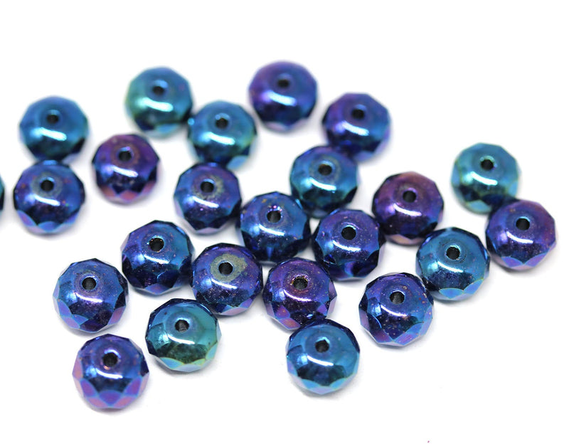 25pc Dark blue metallic rondelle beads, fire polished czech glass - 4x7mm