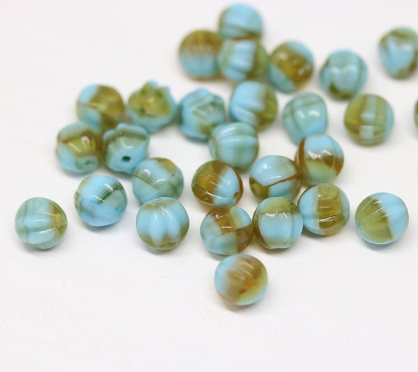 6mm Blue brown czech glass melon shape beads - 30pc