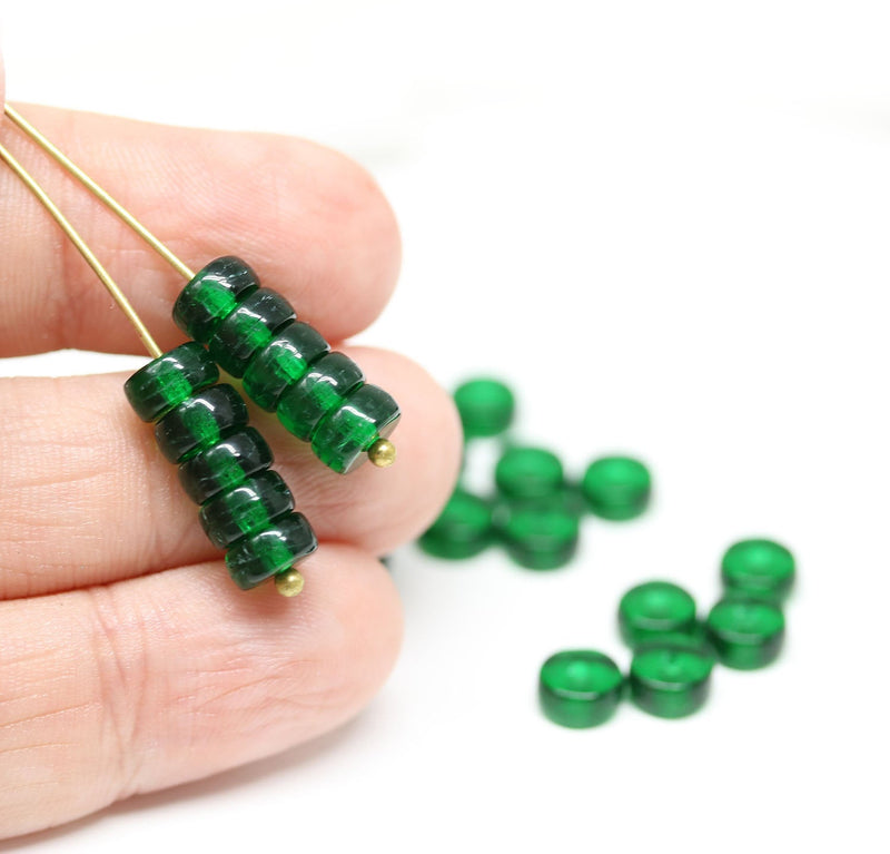 80pc Dark green rondelle beads, czech glass pressed spacer - 6x3mm