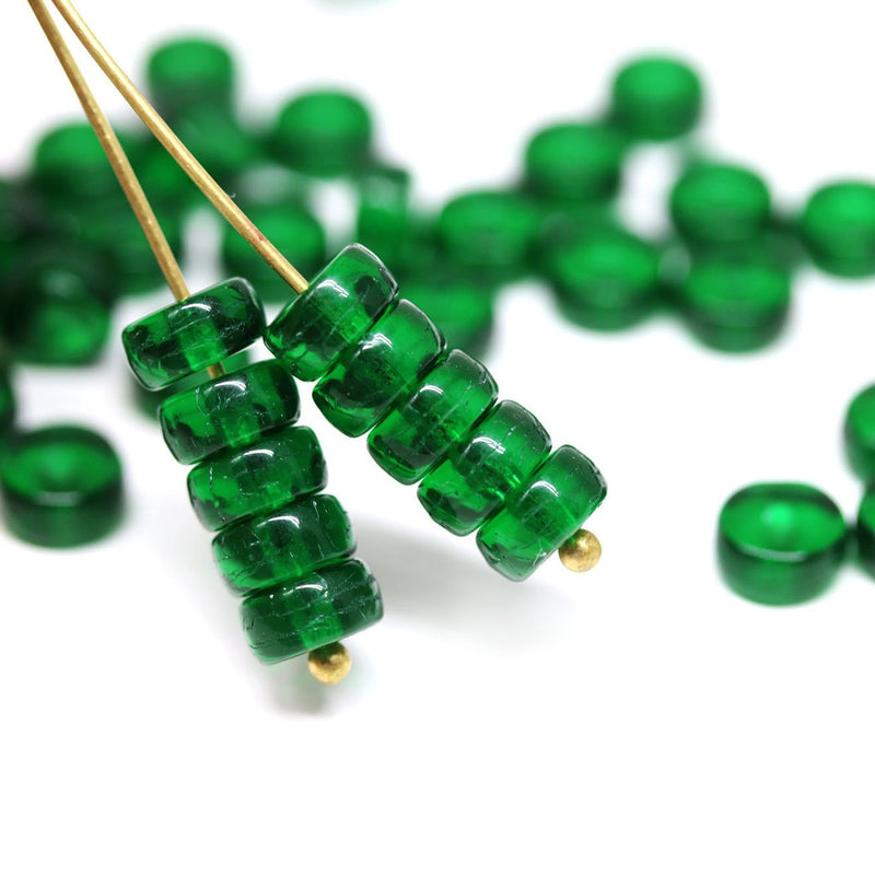 80pc Dark green rondelle beads, czech glass pressed spacer - 6x3mm