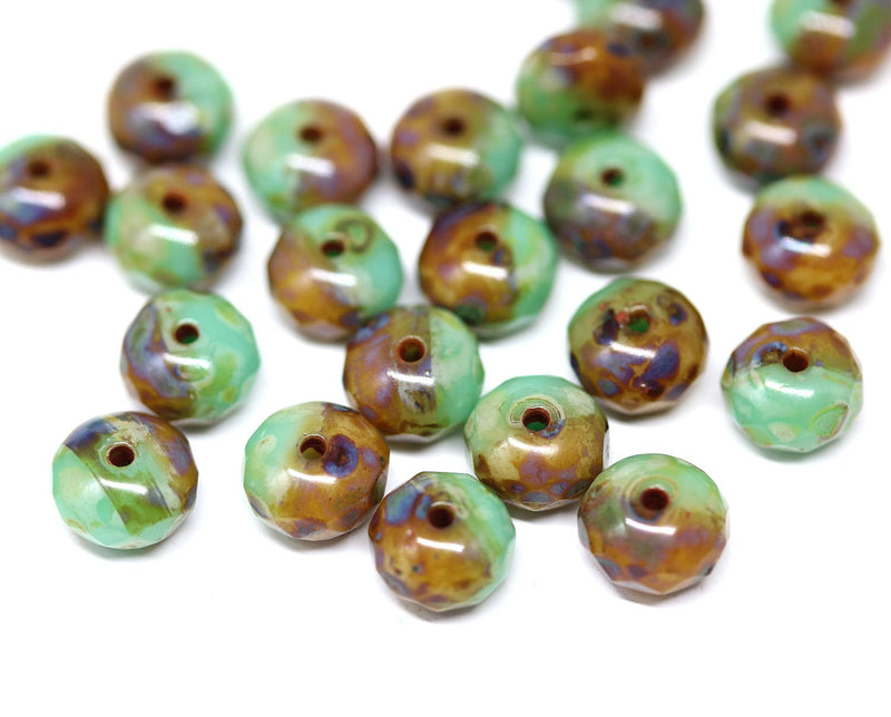 5x7mm Turquoise green rondel beads, Picasso Czech glass - 20pc