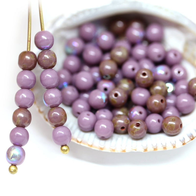 4mm Opaque Purple Czech glass round druk beads, Picasso finish - about 80pc