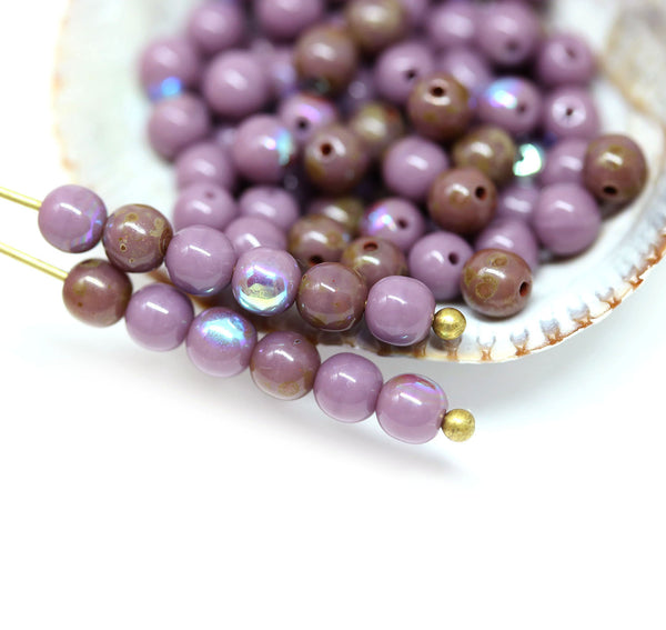 4mm Opaque Purple Czech glass round druk beads, Picasso finish - about 80pc
