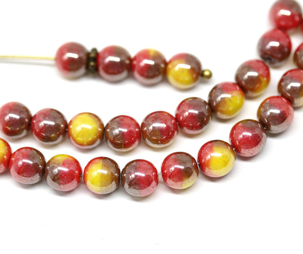 6mm Red yellow czech glass round beads with luster 30Pc