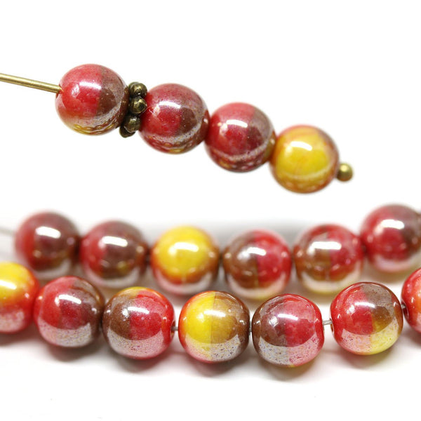 6mm Red yellow czech glass round beads with luster 30Pc
