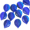 18x13mm Dark Blue large leaves, Czech glass beads, 15Pc
