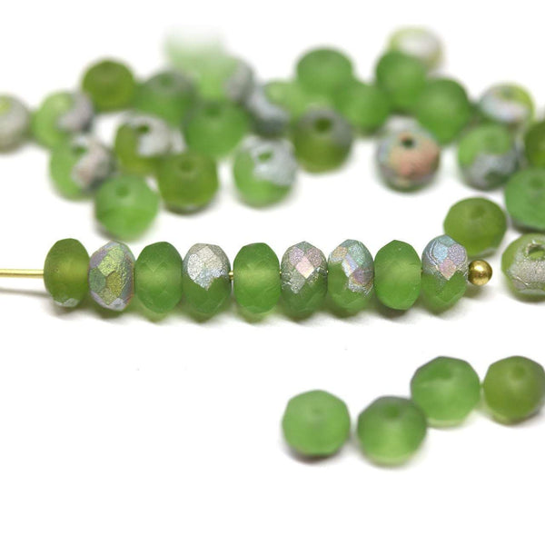 3x5mm Frosted grass green rondelle beads, Czech glass - 50pc