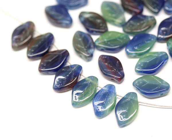12x7mm Mixed color blue green red leaf beads, Czech glass - 50pc