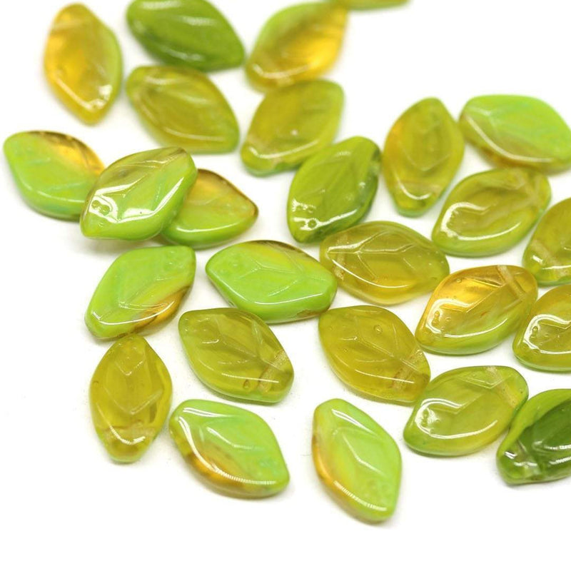 12x7mm Yellow green leaf beads, Czech glass pressed - 50pc