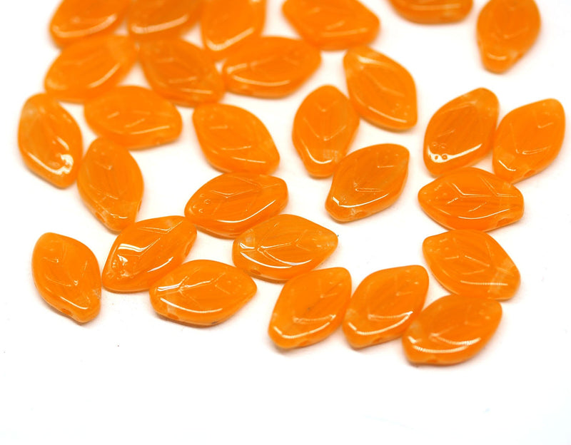 12x7mm Orange leaf beads, Czech glass pressed - 50pc