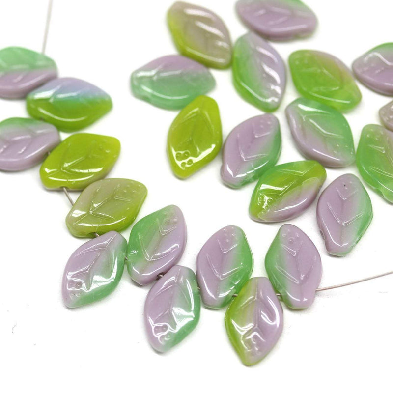 12x7mm Green pink leaf beads, Czech glass pressed green leaves - 50pc