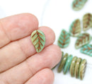 14x9mm Mixed green czech glass leaves, copper inlays, 15pc