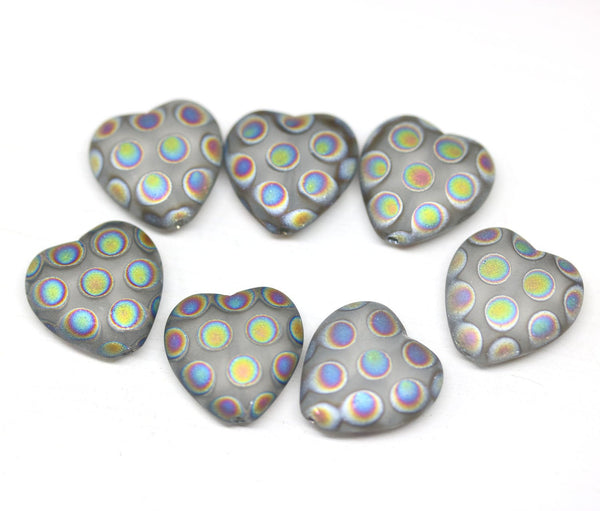 15mm Fancy Matte gray heart czech glass beads, AB finish - 7Pc