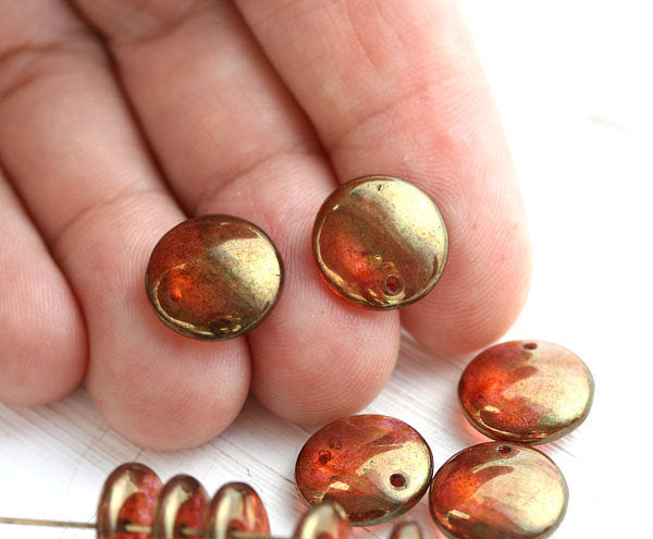 12mm Dark pink czech glass lentil beads, copper luster - 10Pc