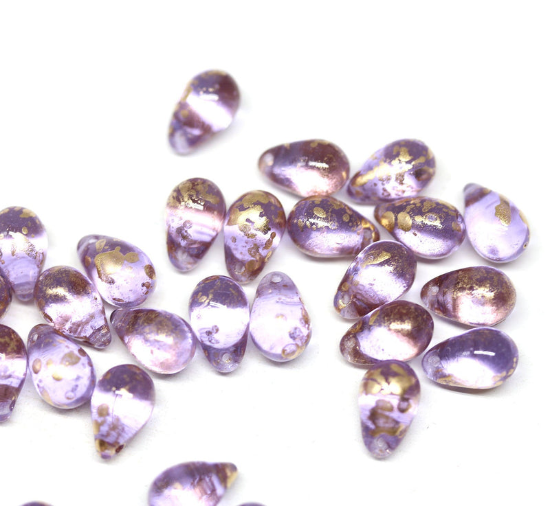 6x9mm Lilac teardrop glass beads with golden flakes - 20pc