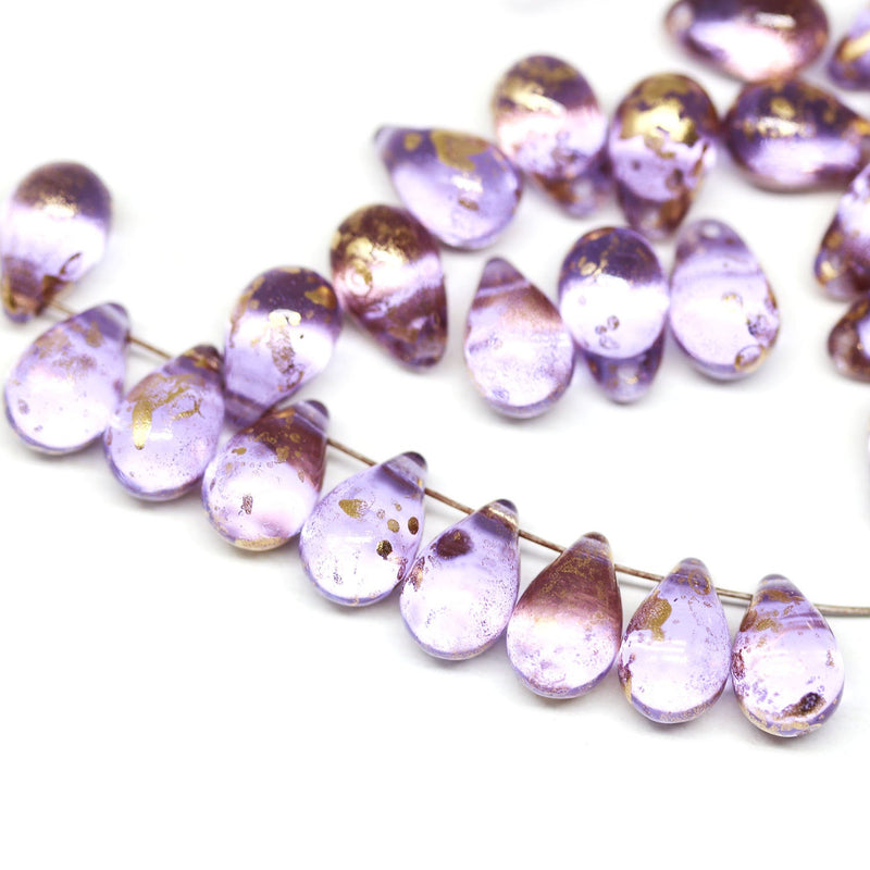 6x9mm Lilac teardrop glass beads with golden flakes - 20pc