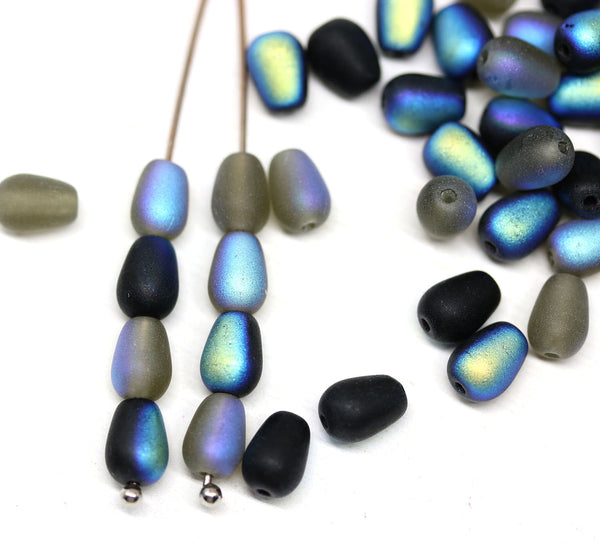 50pc  Black Gray teardrop beads mix, AB finish czech glass pear beads - 7x5mm