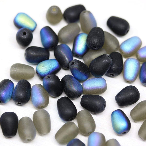 50pc  Black Gray teardrop beads mix, AB finish czech glass pear beads - 7x5mm