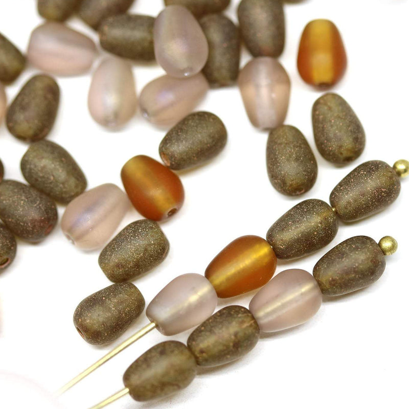 50pc Brown yellow teardrop beads mix, AB finish czech glass pear beads - 7x5mm