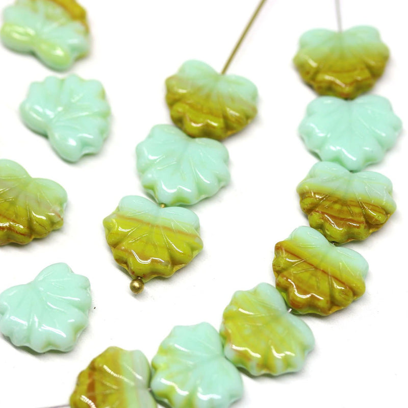11x13mm Mint green Maple leaf beads, Mixed color Czech glass pressed leaves, 15pc